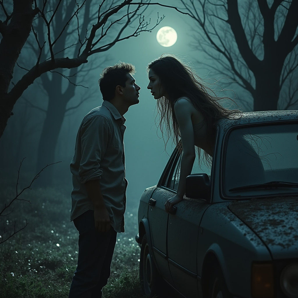 Terrified Man and Ghostly Woman in Dark Forest