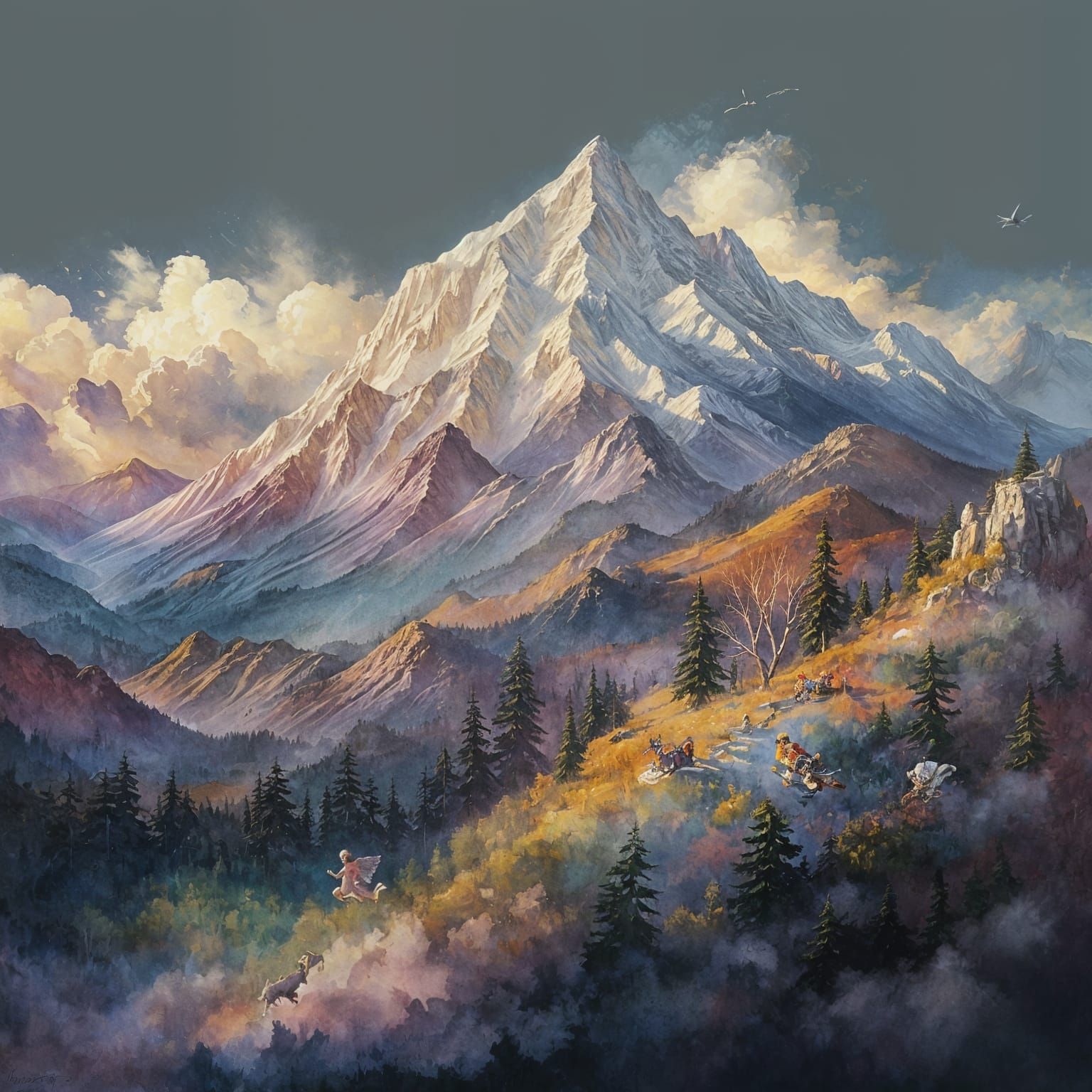 Whimsical Angel Descends into Mountain Valley