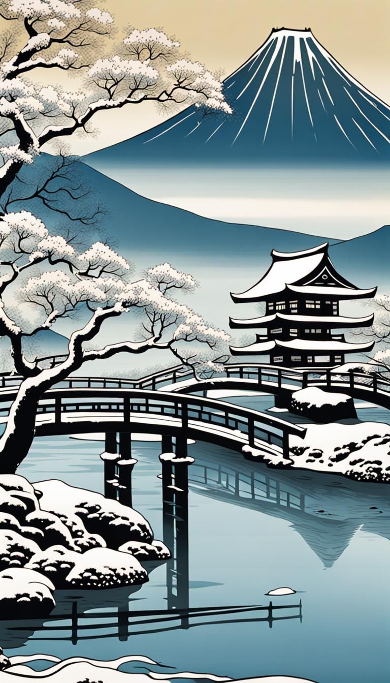 Winter River Scene with Japanese Temples in Ukiyo-e Style