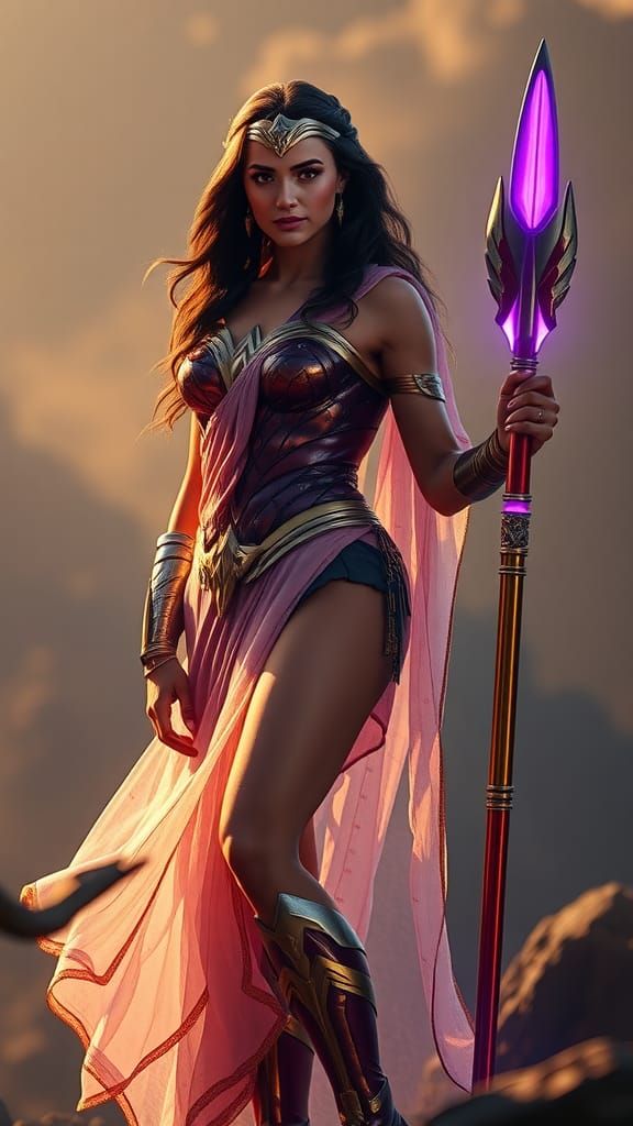 Wonder Woman with Glowing Spear in Transparent Saree