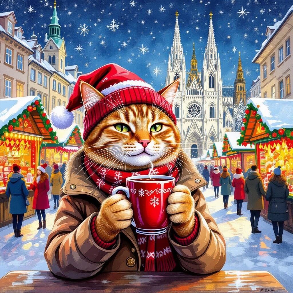 Ginger Cat Enjoys Mulled Wine at Vienna Christmas Market