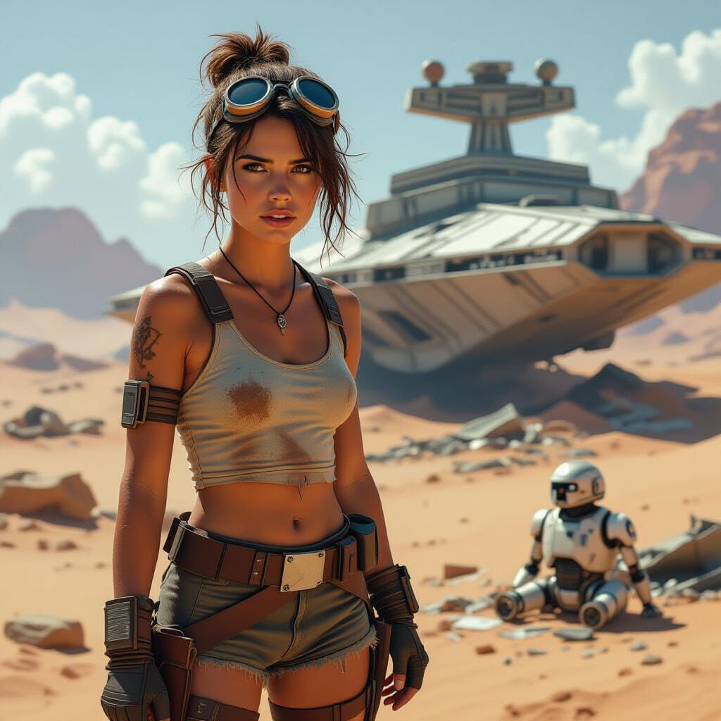 Scavenger Rey on Desert Planet, Gritty Sci-Fi Realism