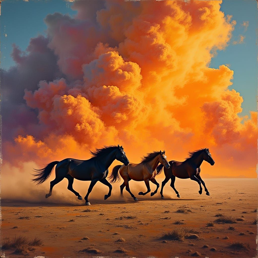 Wild Horses Gallop Across Desert at Sunset in Textured Mixed...