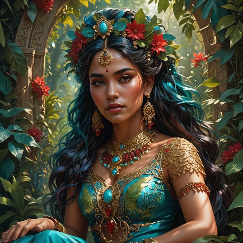 Hispanic Woman in Lush Fantasy Landscape