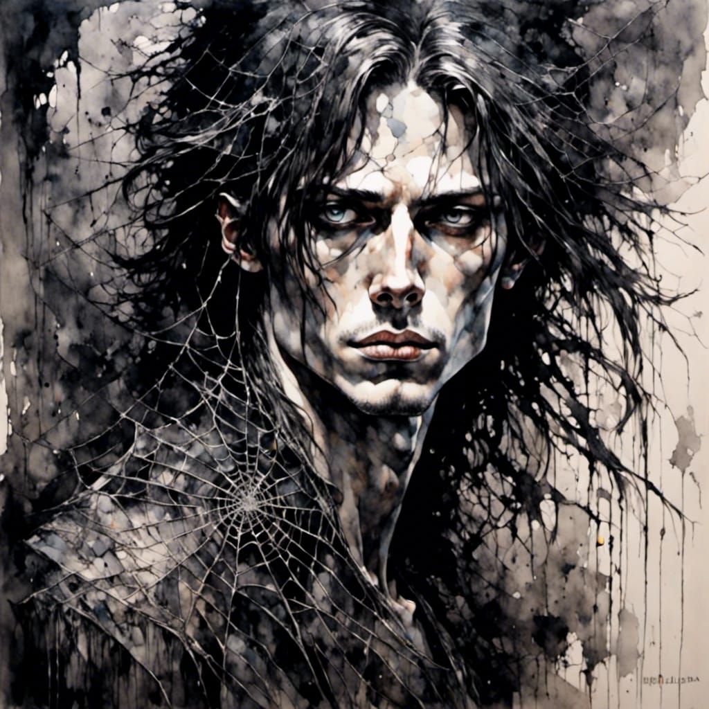 Gothic Portrait of Pale Young Man with Spiderwebs
