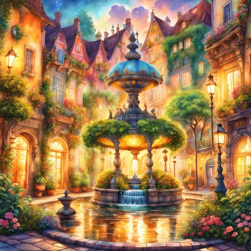 Whimsical Fountain in Dreamy Watercolor Style