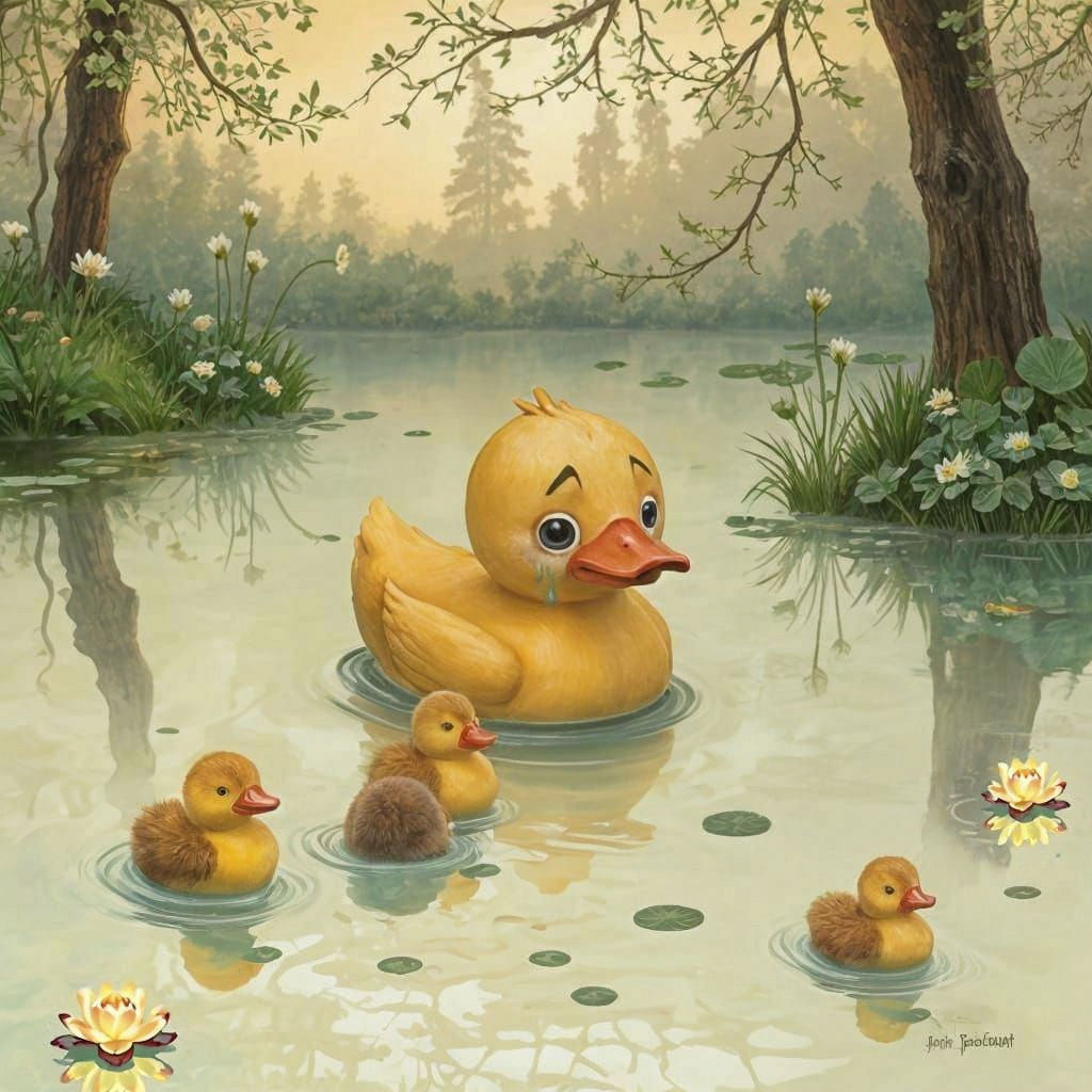Quaint 19th Century English Pond Scene with Sad Rubber Duck