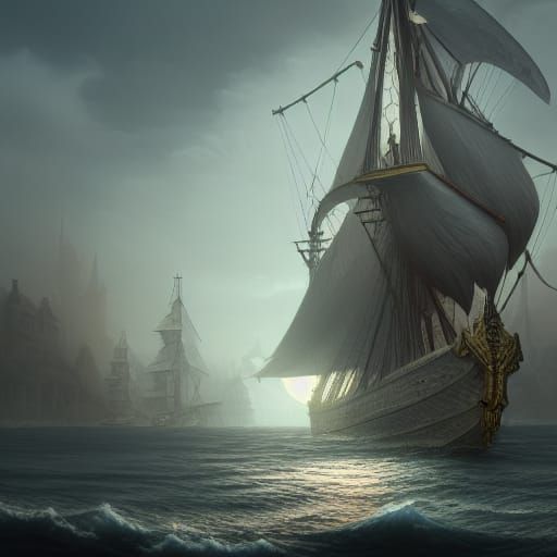 Flying Sailship Over Medieval City in Matte Painting