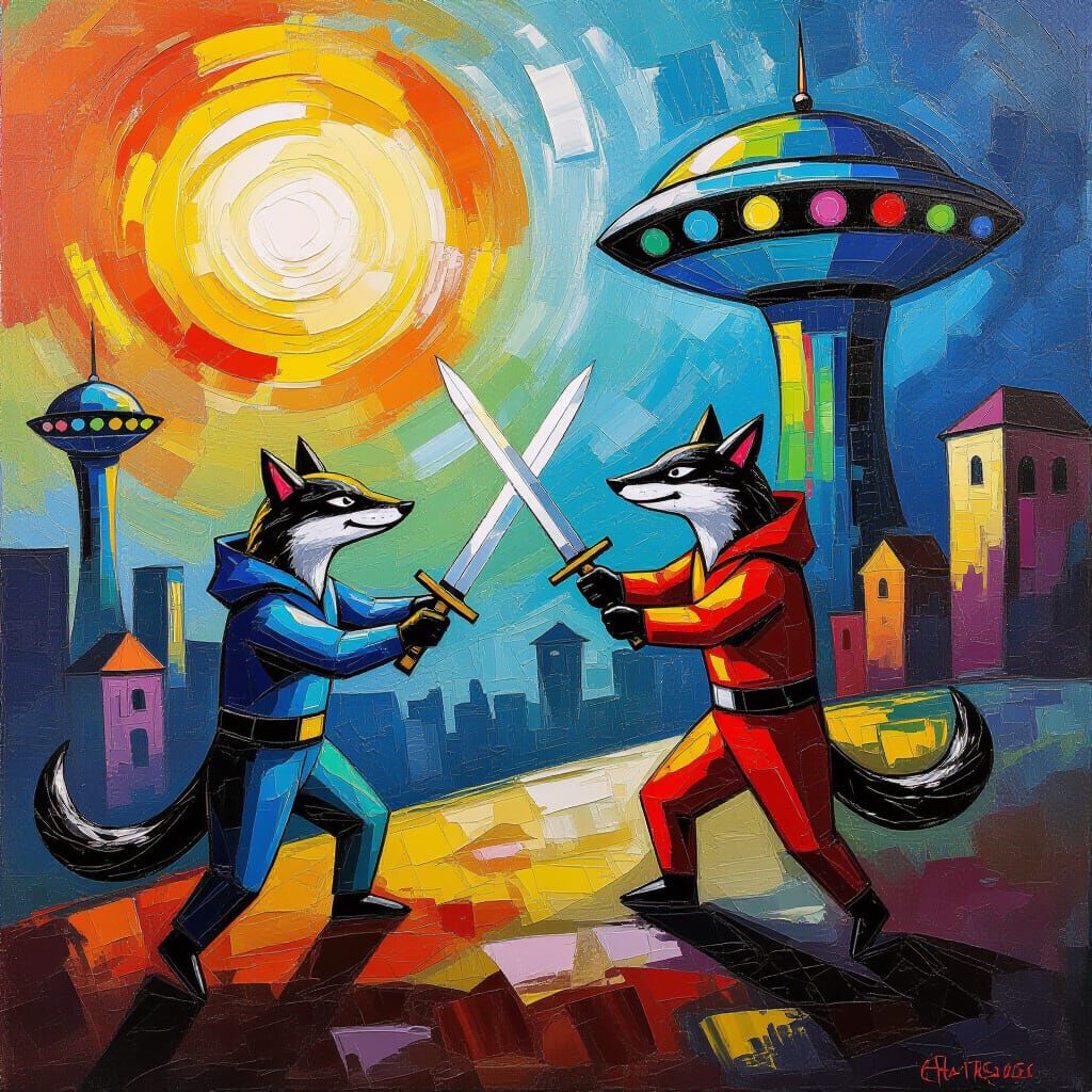 Weasel Thugs Defending Alien Fort: Neo-Impressionism