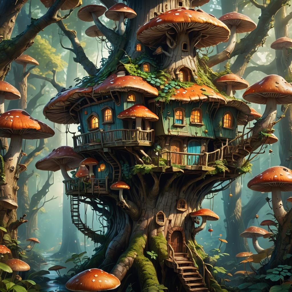 Fantastic Mushroom Treehouse in Hyperrealistic Style