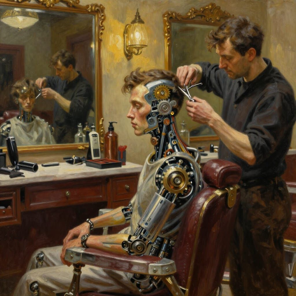 Cyborg in Barber Shop Oil Painting