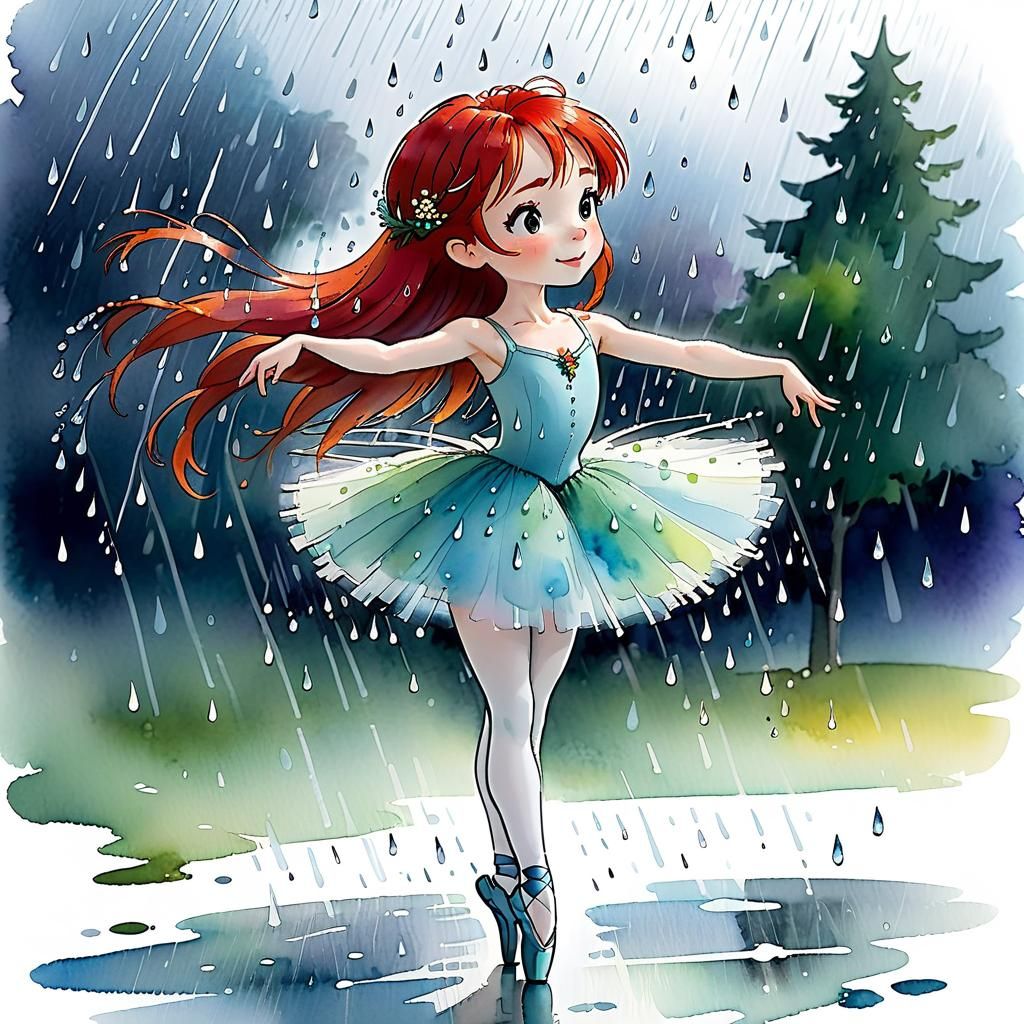 Red-Haired Ballerina in Rainy Chibi Watercolour