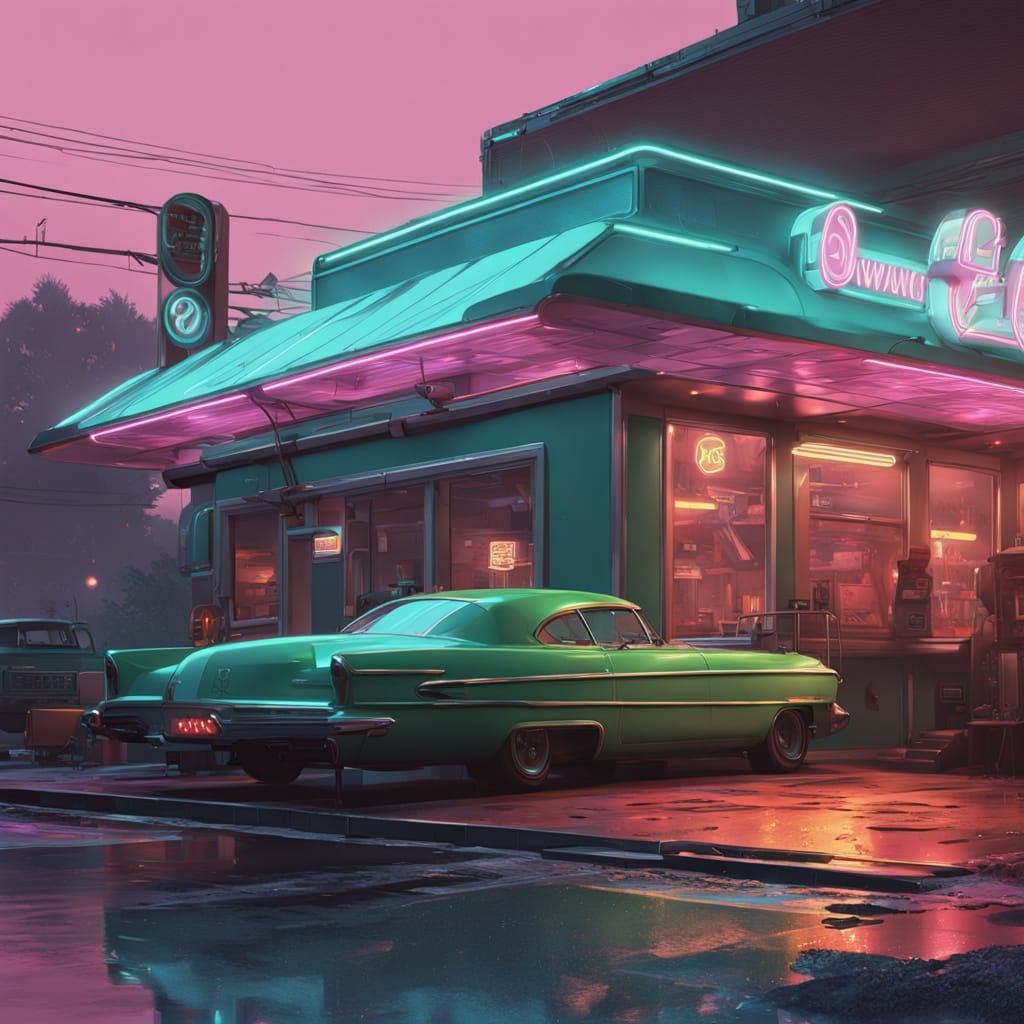 Sizzling 50s Diner Under Neon Lights at Night