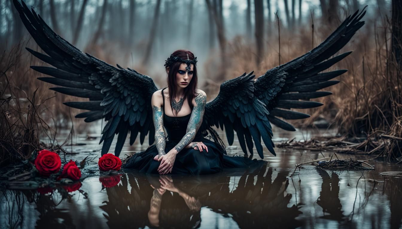 Fallen Angel in Foggy Swamp, Hyperrealistic Art