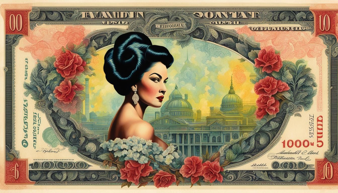 Voluptuous Femme Fatale as Colorful Banknote Art