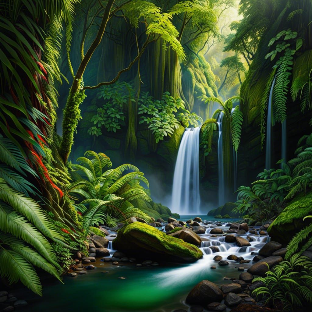 Lush Jungle Landscape with Waterfall as Impasto Painting