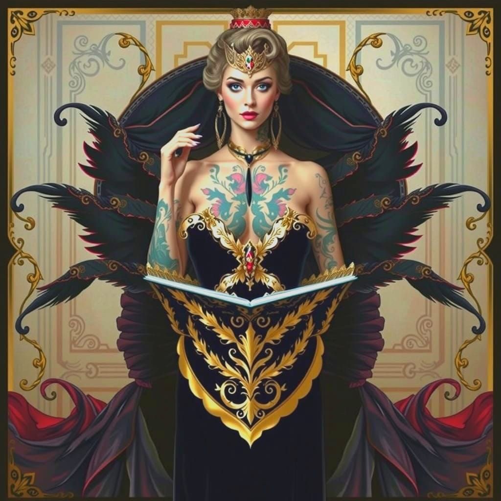 Woman in Luxurious Jugendstil Attire with Sensual Tattoos