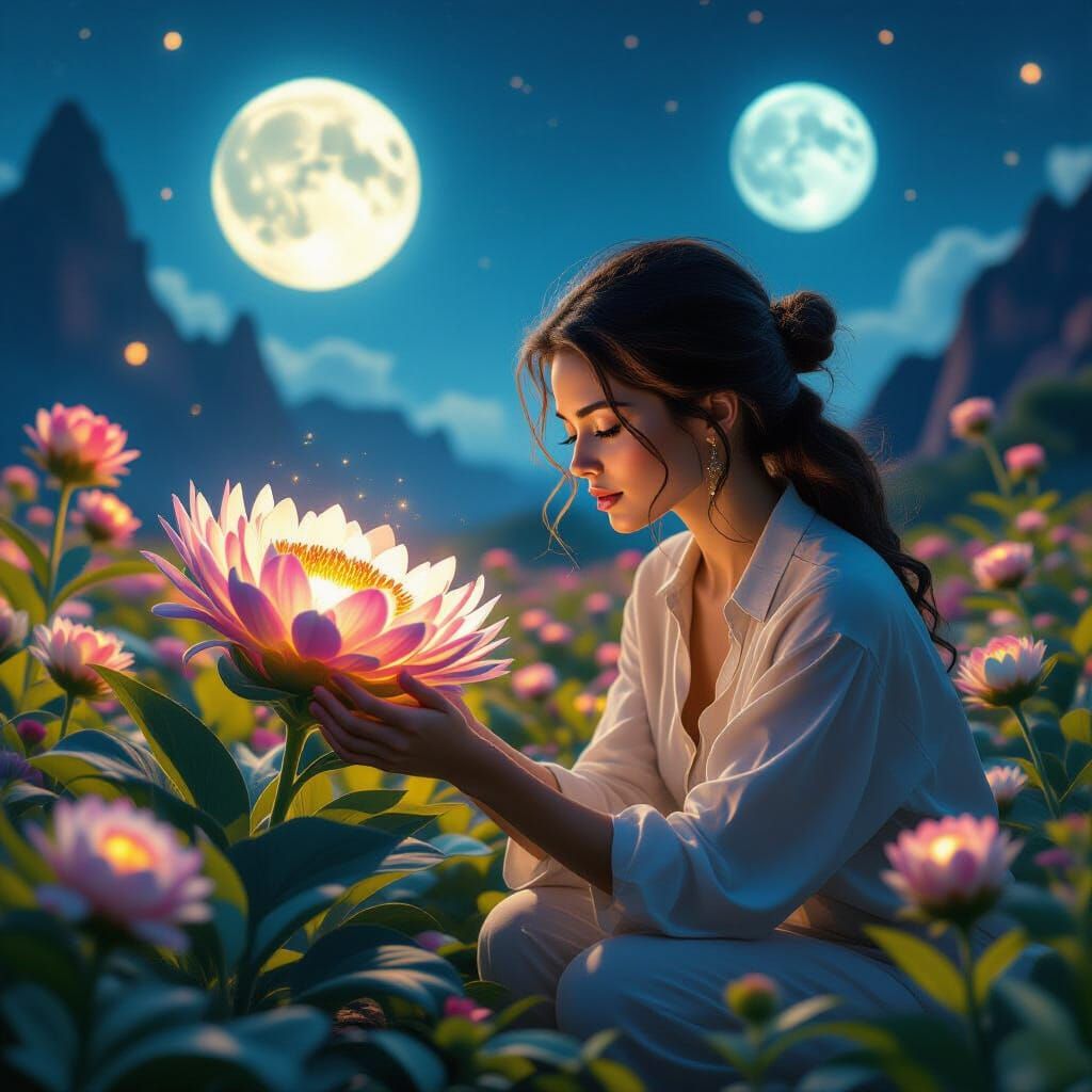 Woman Tends Vibrant Alien Flowers Under Twin Moons