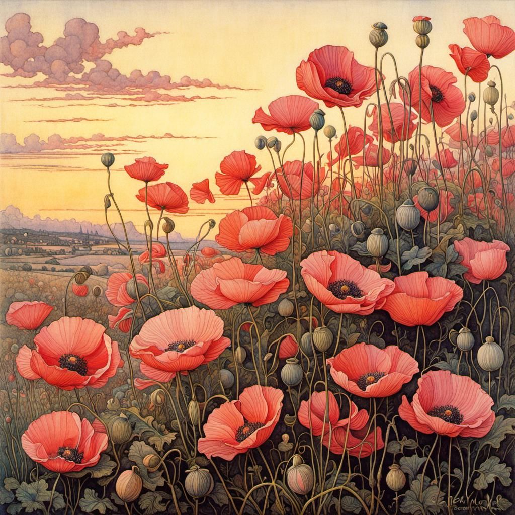 Blue Poppies in Pink Evening Light: Detailed Illustration
