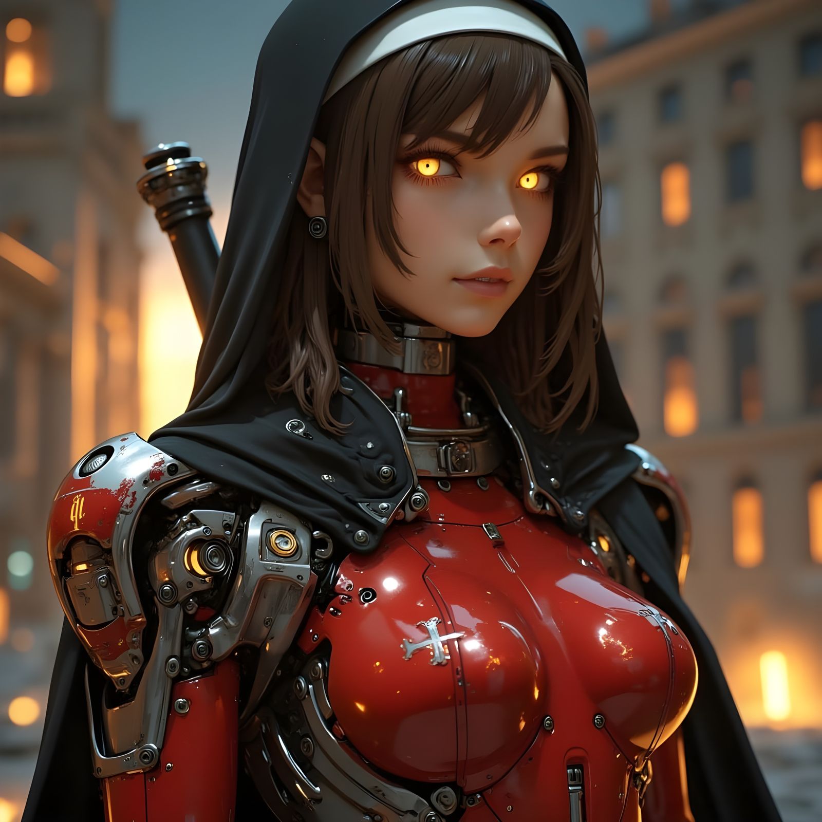 Cyberpunk Nun Warrior in Red and Silver Armor Standing Befor...