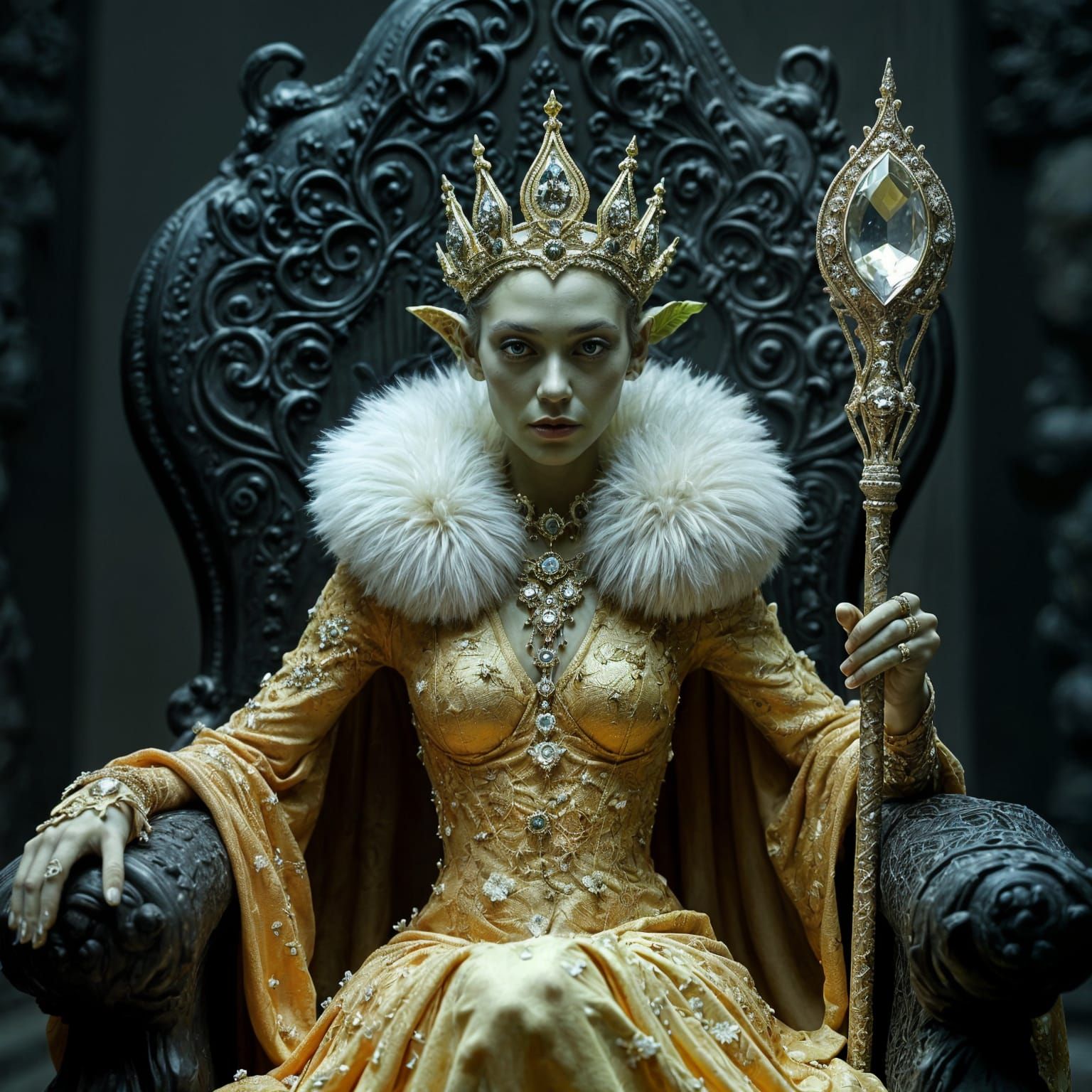 Regal Alien Queen on Gothic Throne, Dark Fantasy Art