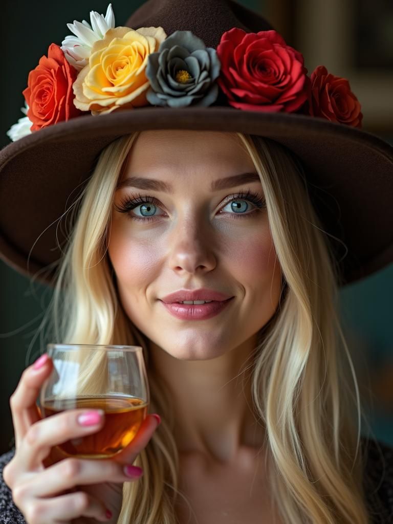 Elegant British Woman Portrait with Flower Hat