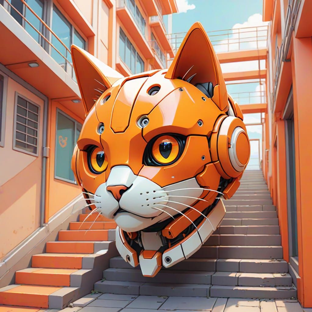 3D Anime Robotic Cat Head on Stairs