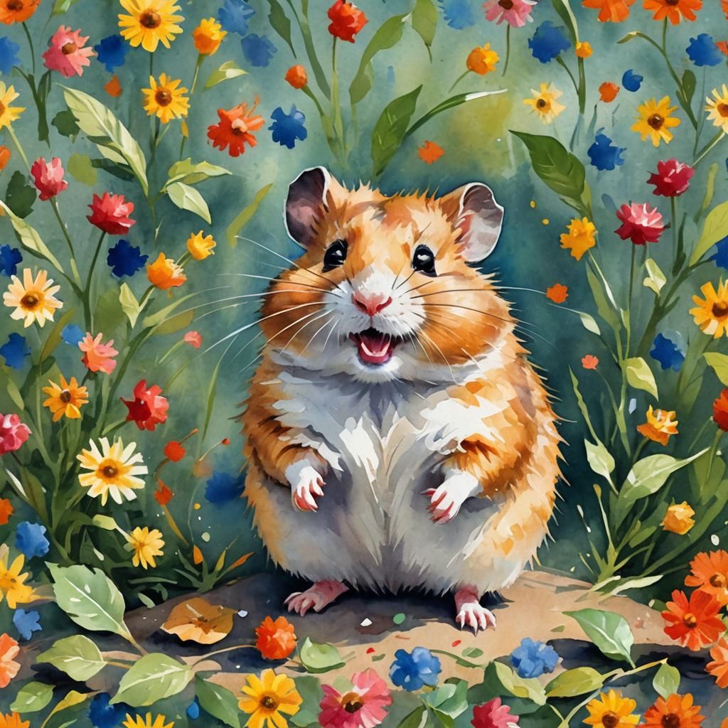 Happy Hamster in Gouache Style Watercolor