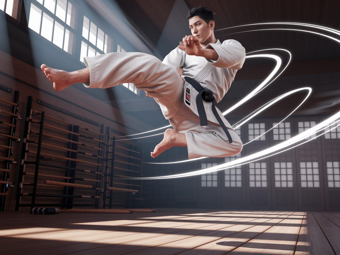 Dynamic Martial Artist Mid-Air Kick in Dojo