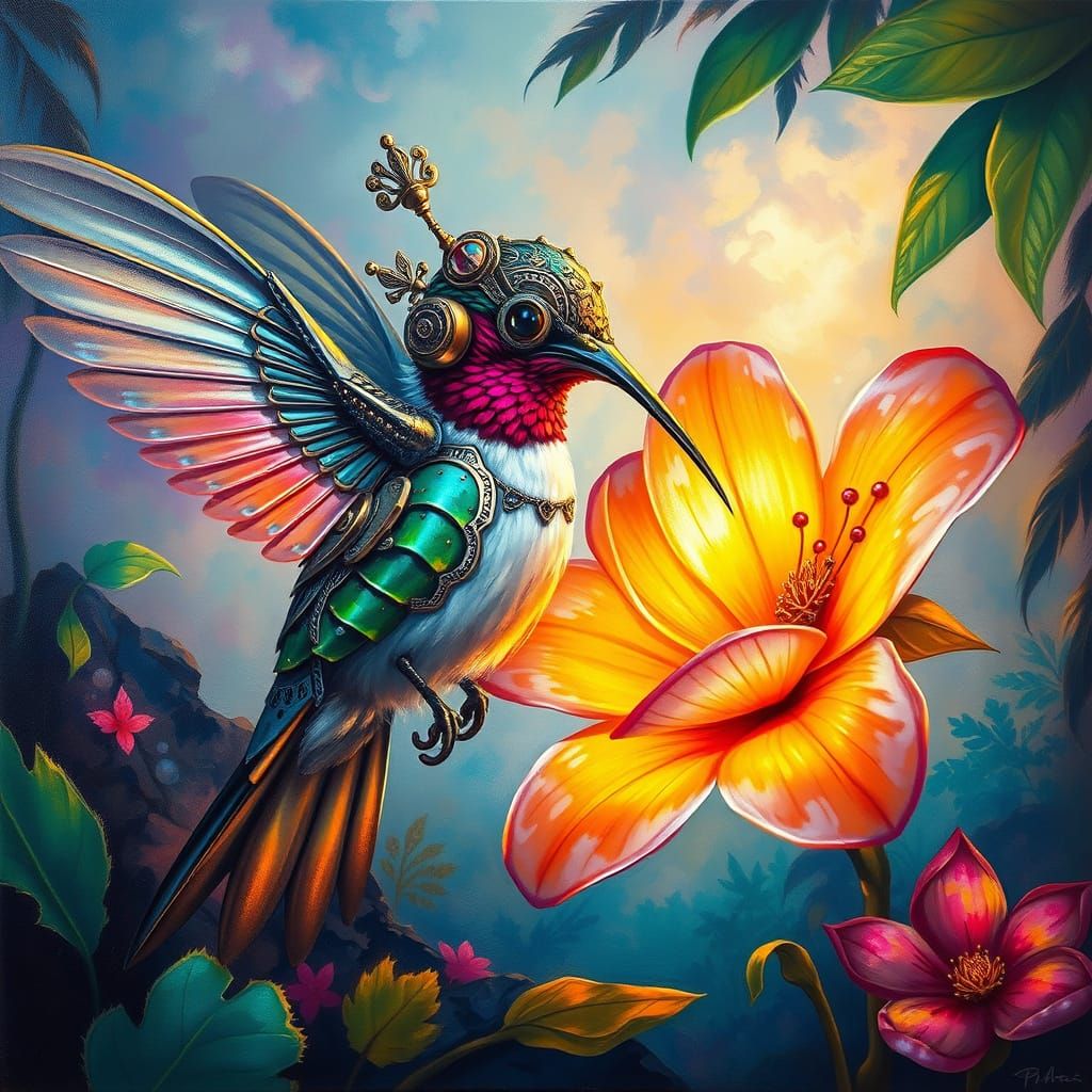 Steampunk Hummingbird Sipping Nectar in Ethereal Jungle