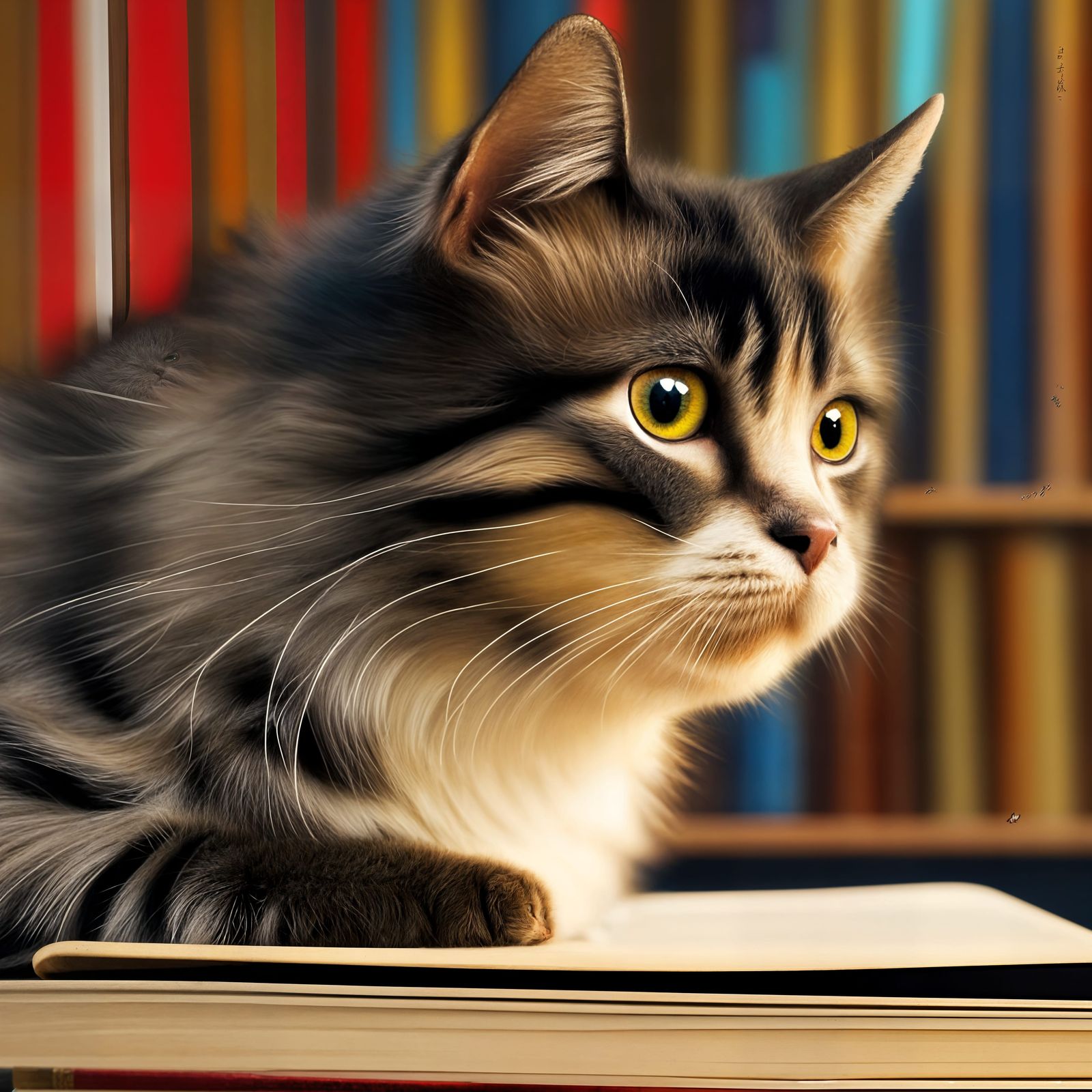 Fluffy Cat in Library: Studio Ghibli Anime Visual