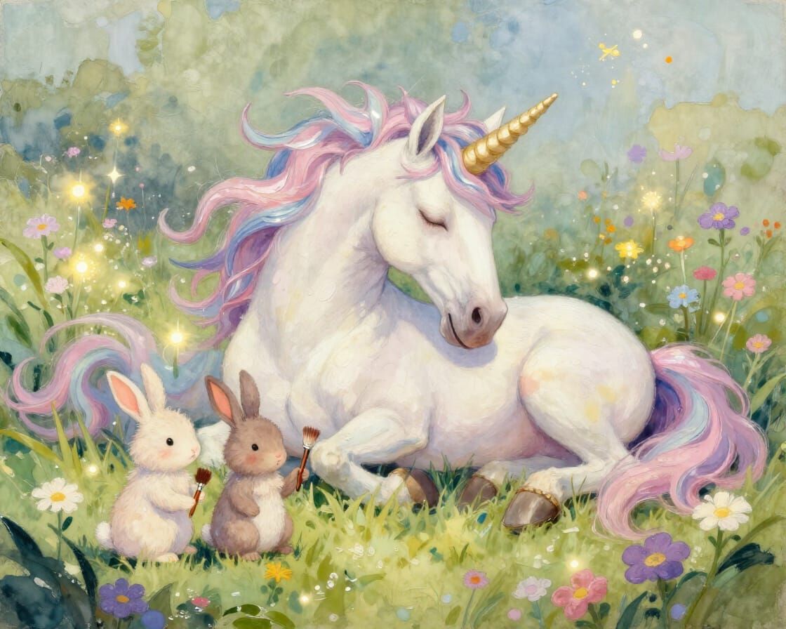 Sleeping Unicorn in Sunlit Meadow, Gouache Style