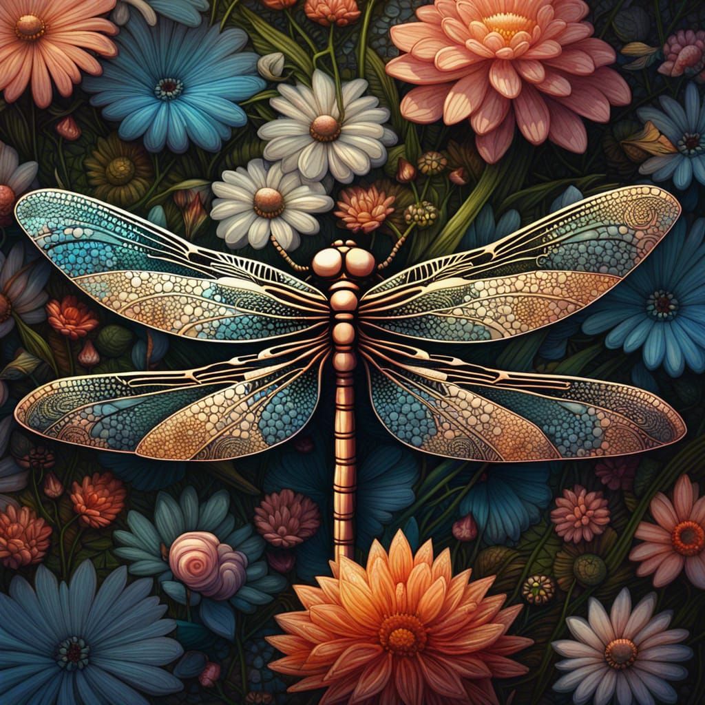 Dragonfly in Flower Garden: Surreal Art
