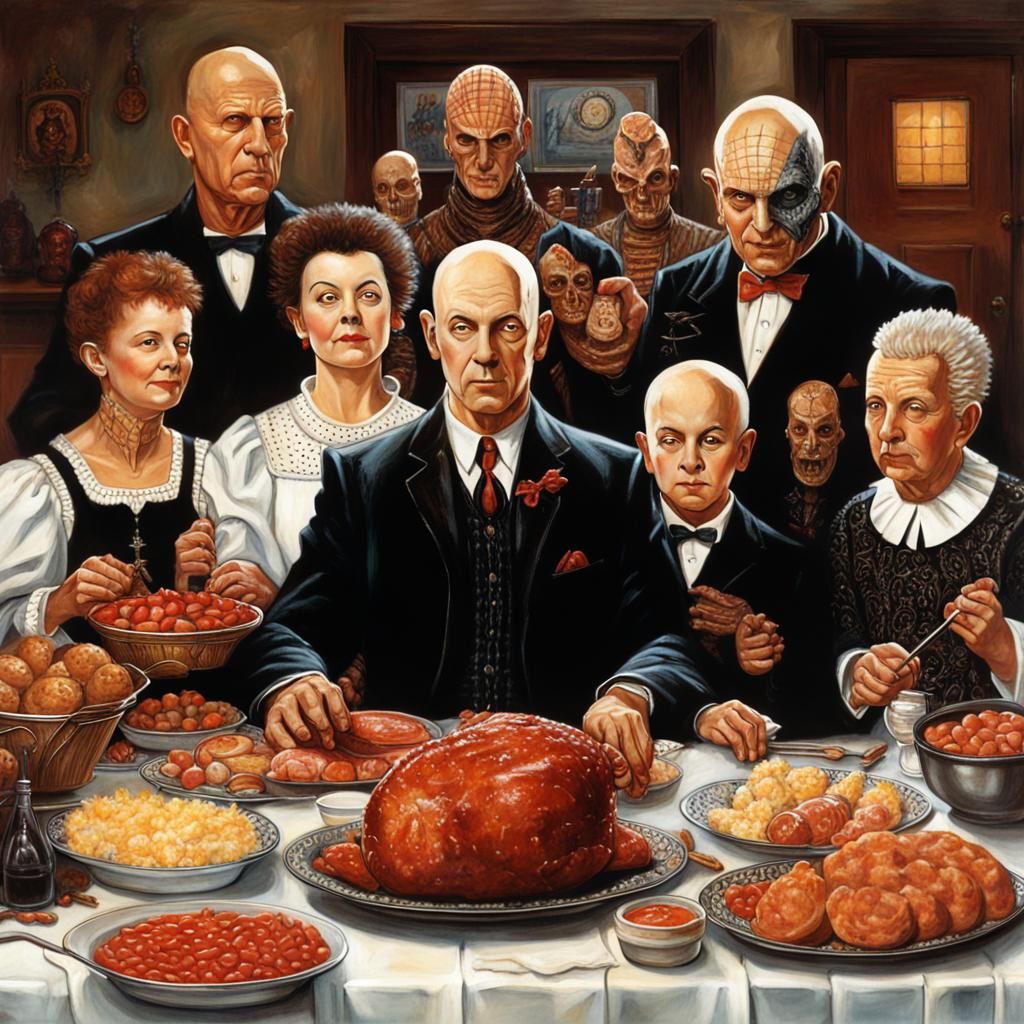 Pinhead Easter Dinner in Norman Rockwell Style