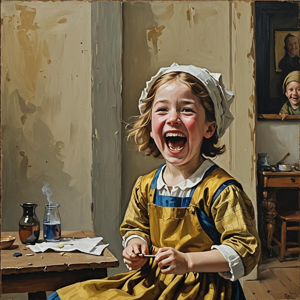 Laughing Child in Art Studio, Vermeer Style