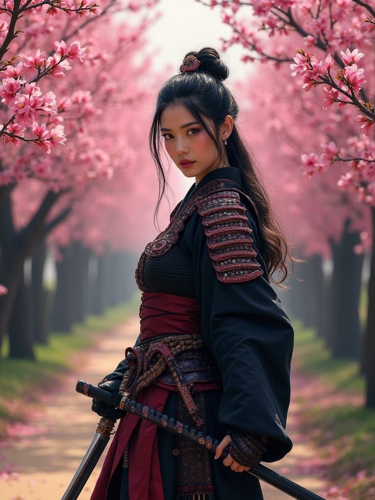Surreal Samurai Warrior Queen Amidst Cherry Blossoms in Epic...