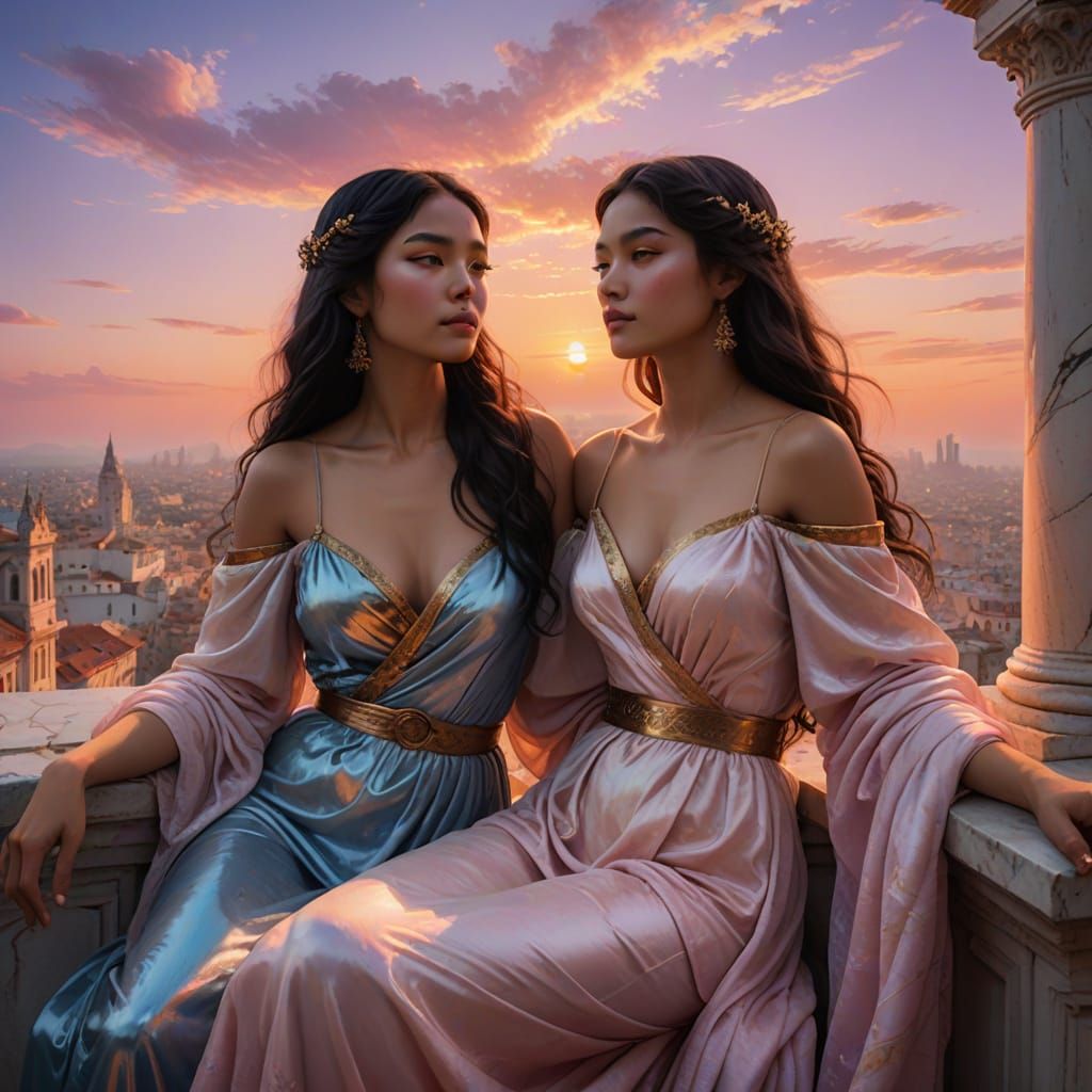 Women on Marble Balcony Under Vivid Skies