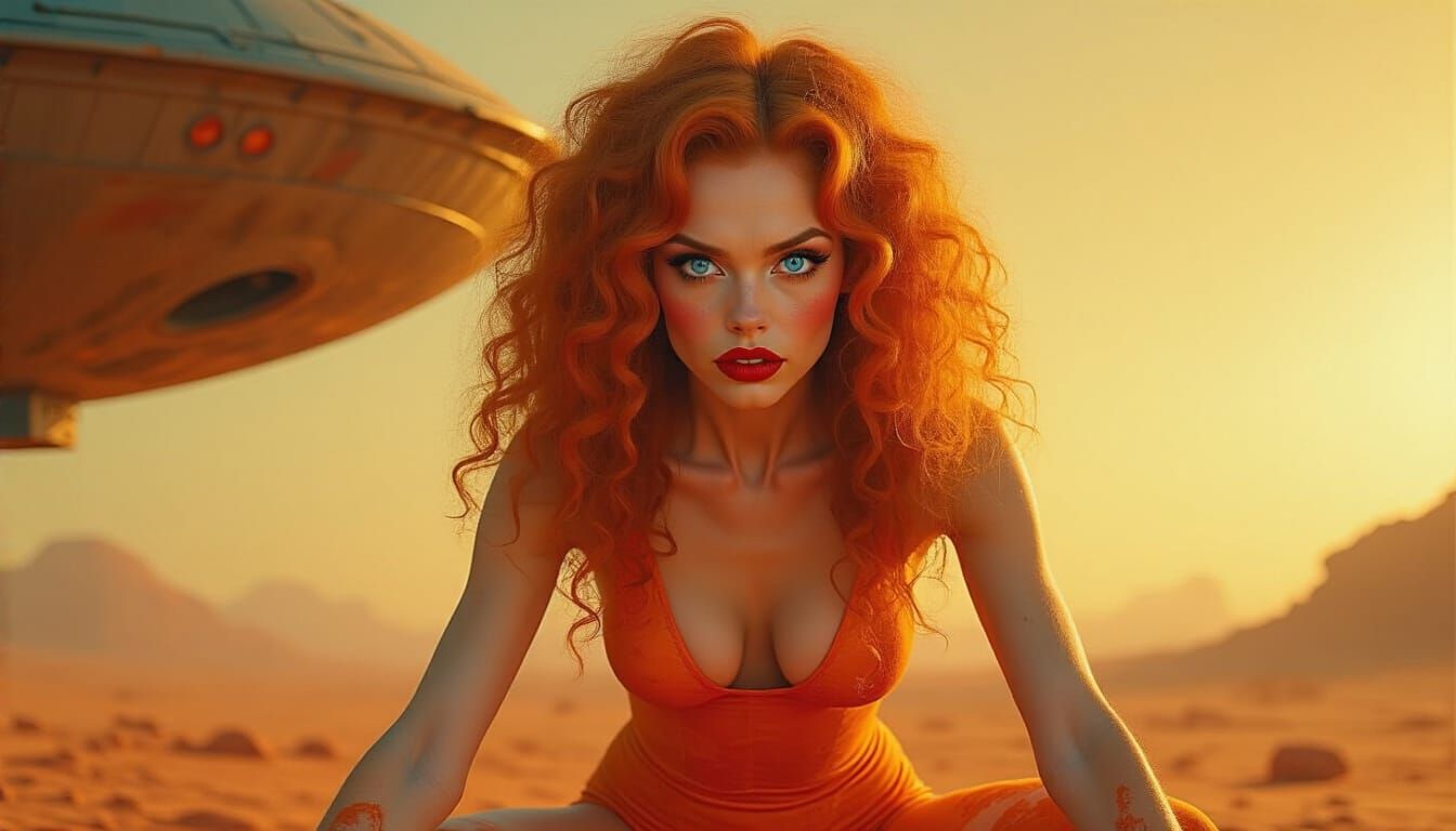 Woman Posing on Mars in Oil Painting Style