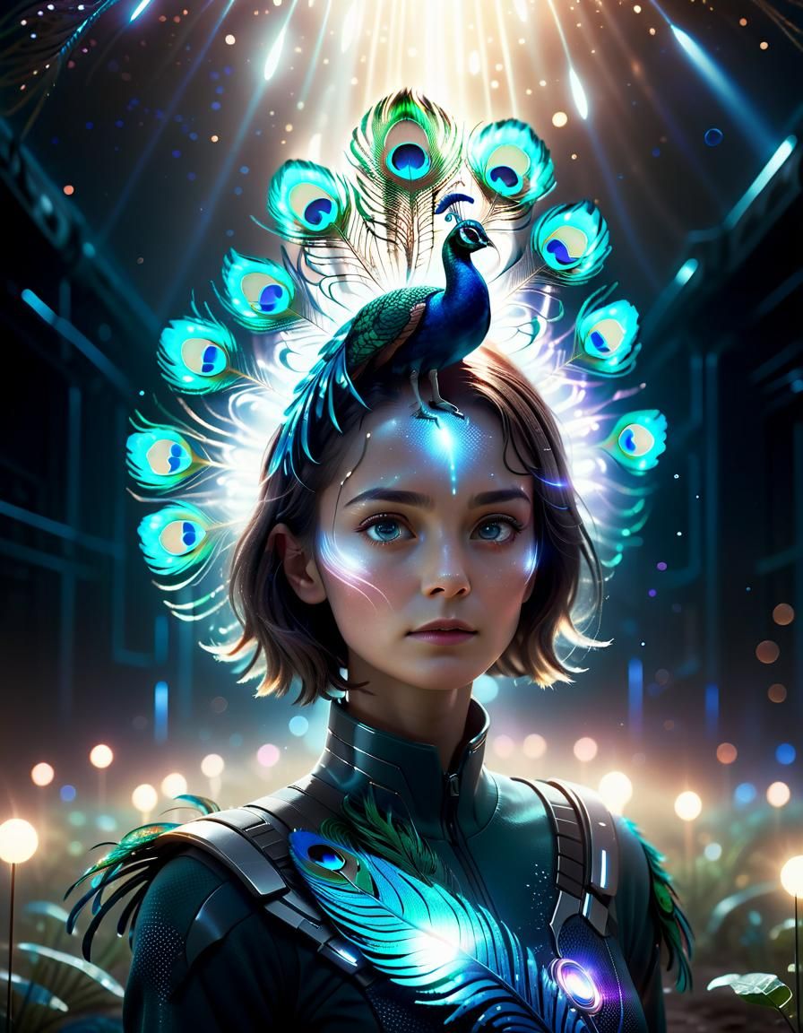 surreal cosmic portrait with lights around the head resembli...