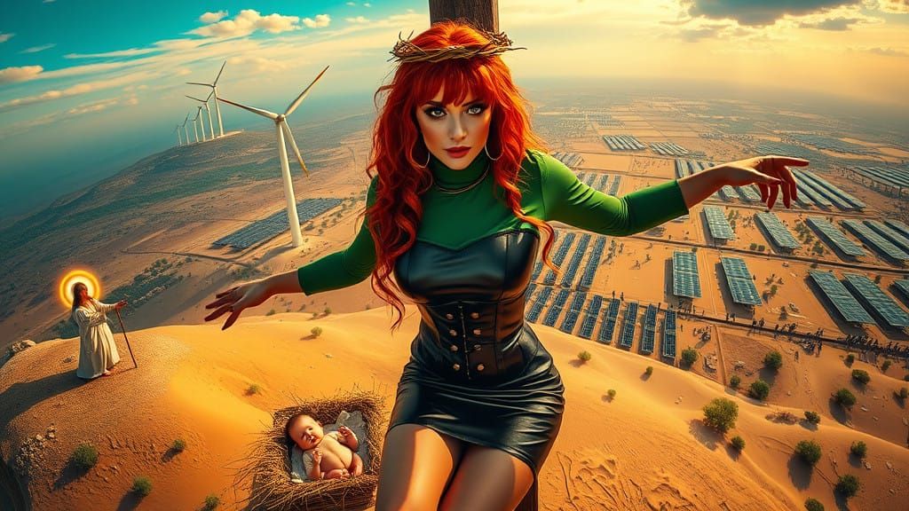 Surrealistic Scene of Lady on Cross with Desert Landscape an...