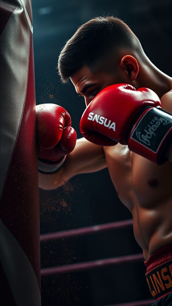 Boxer Strikes Punching Bag in Dramatic Gym Lighting