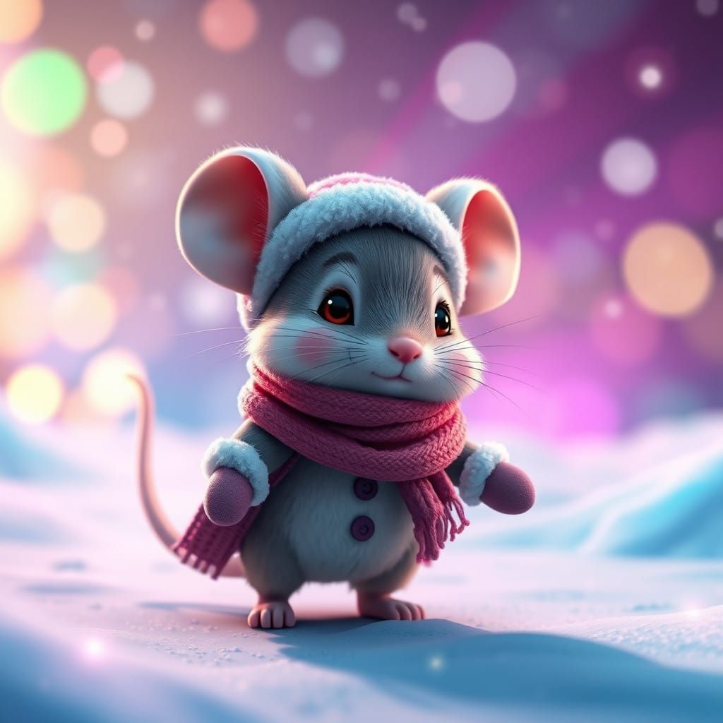Chibi Mouse Explores Vibrant Winter Wonderland