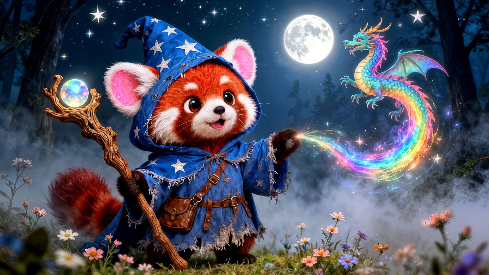 Red Panda Wizard Casts Rainbow Dragon Spell in Enchanting Fo...