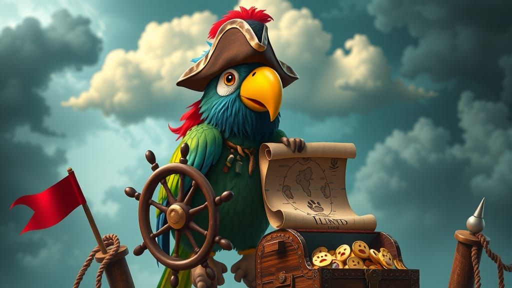 Pirate Parrot Captain Coco at Helm of Shell Ship