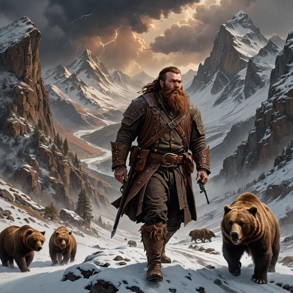 Dwarf and Bear Journey Through Snowy Pass