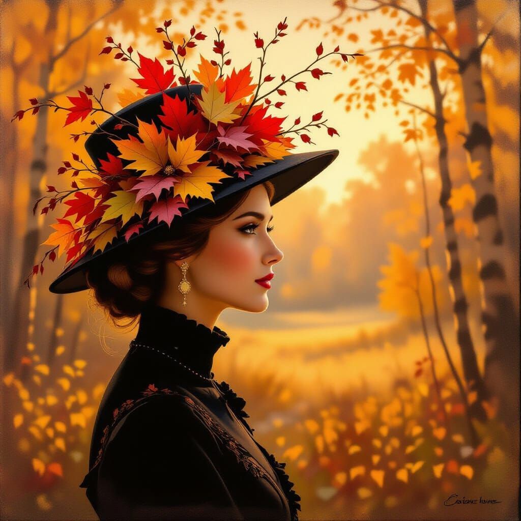 Regal Queen in Autumn Leaf Hat, Impressionistic Oil Painting