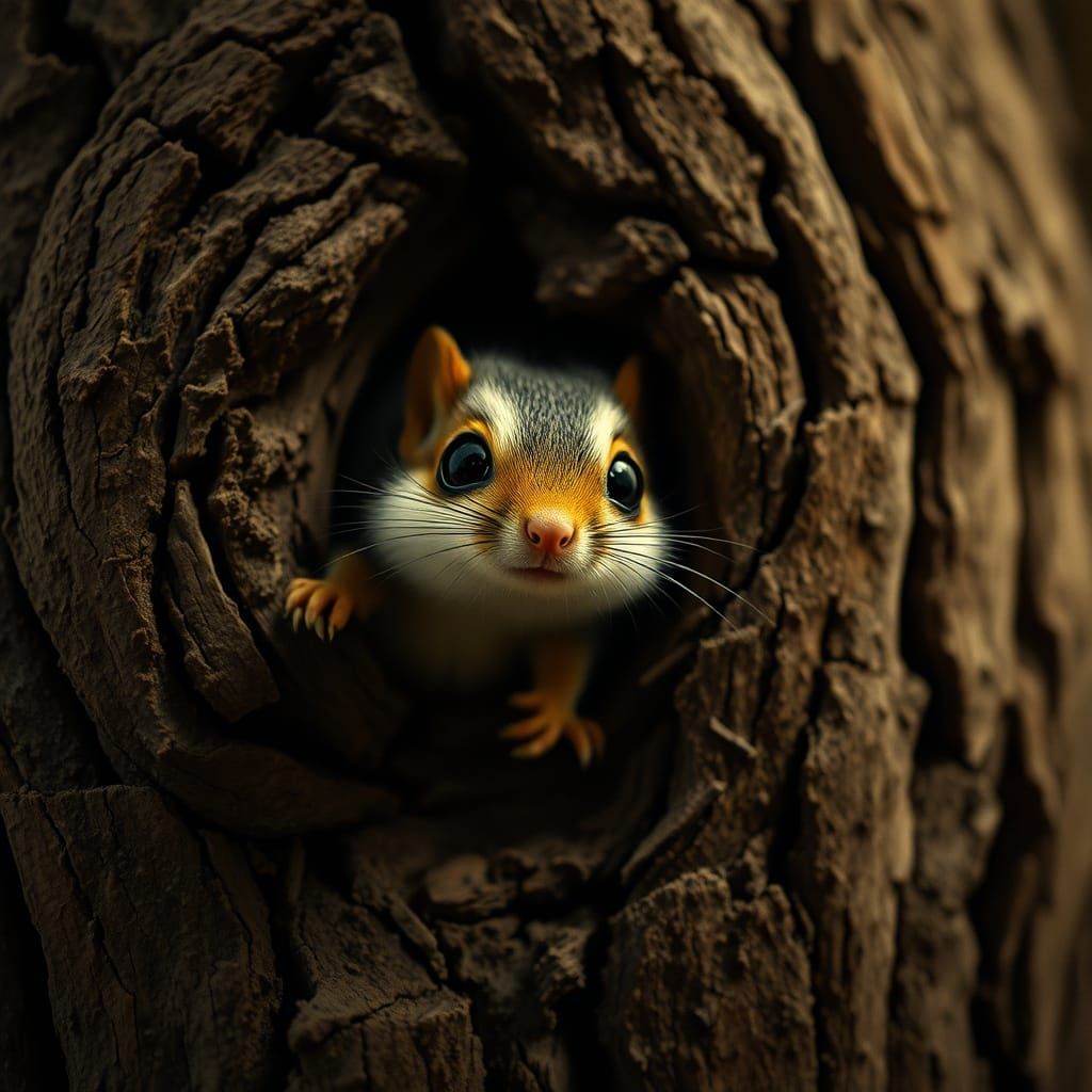 Whimsical Forest Encounter with a Tiny Flying Squirrel