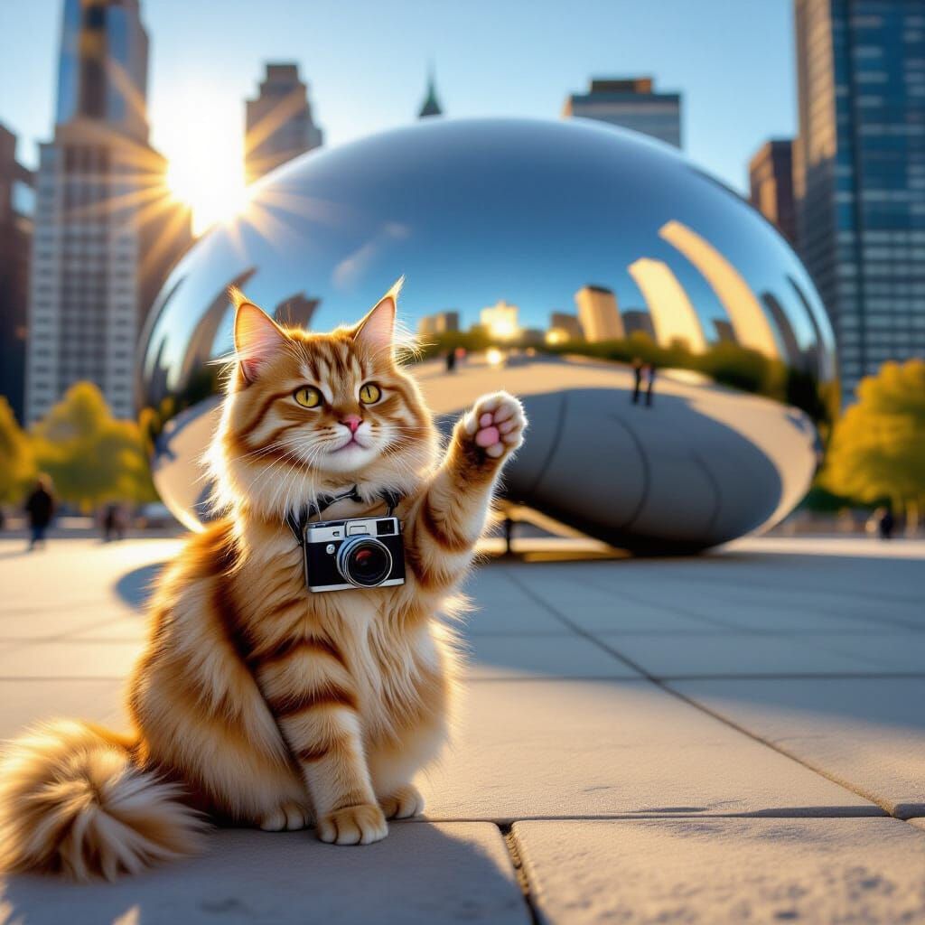 Ginger Cat Takes Selfie with Chicago Bean Sculpture