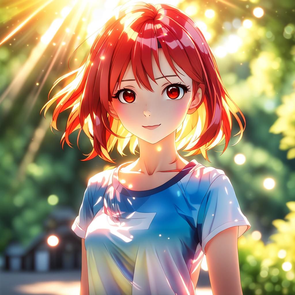 Anime Woman in Red Dress with Bokeh