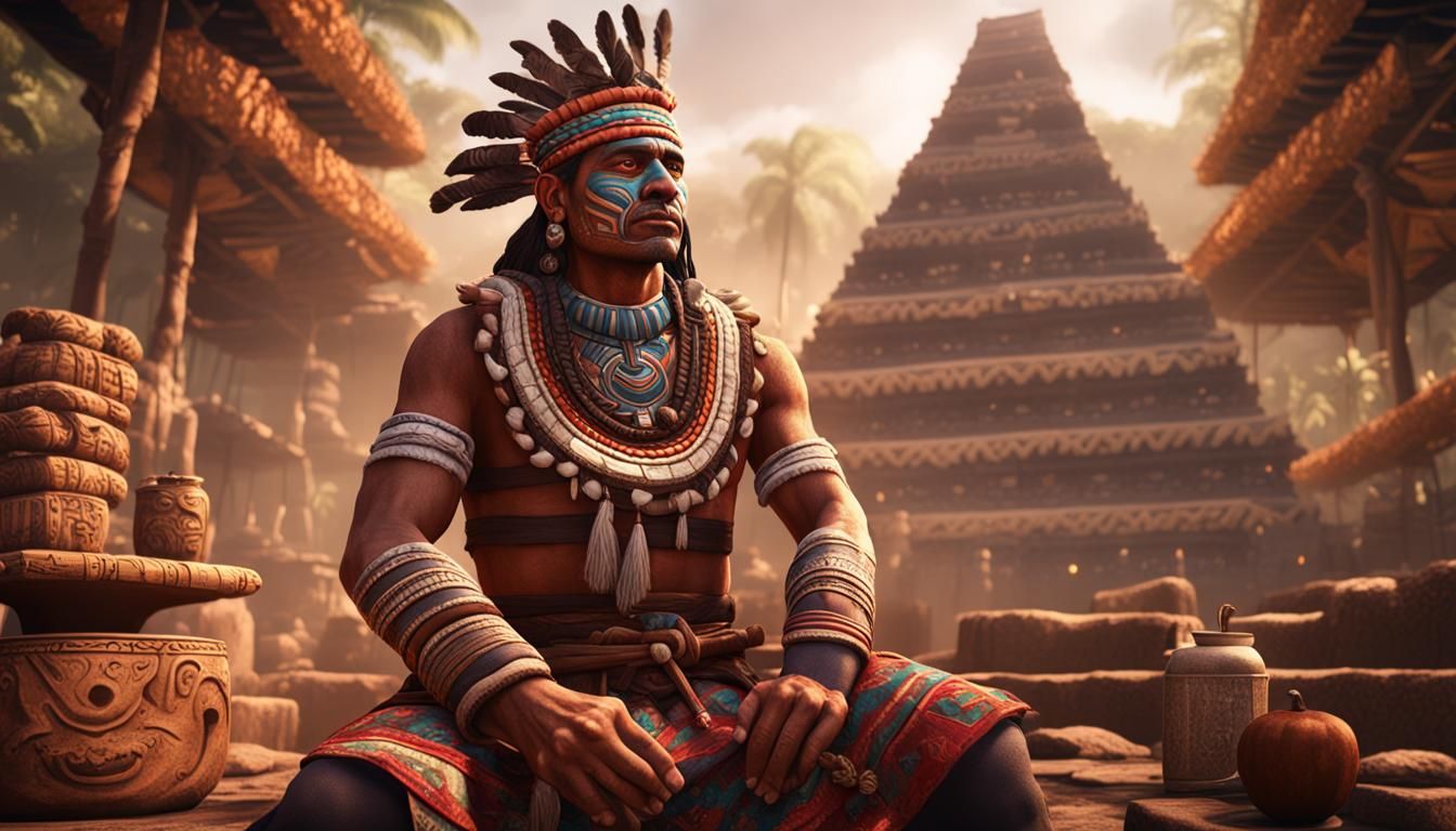 Aztec Man in Traditional Dress with Cocoa Background